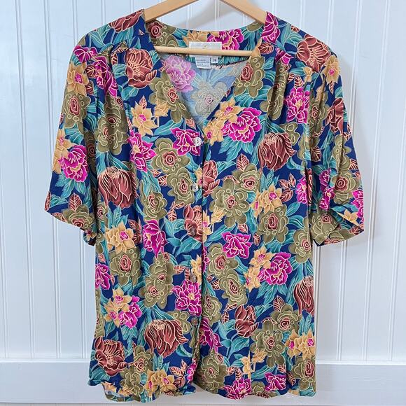 Worthington Vintage Women's 16 Floral Button Down Hippie Blouse Maximailst Art - Picture 2 of 9
